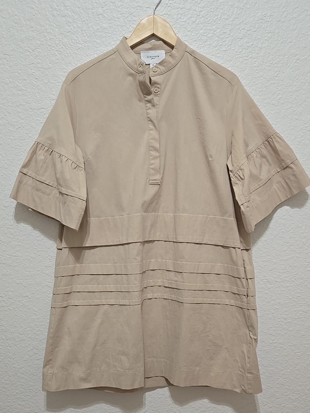 Pomander Place Beige Band Collar Short Sleeve Button Placket Shirt Dress Pockets